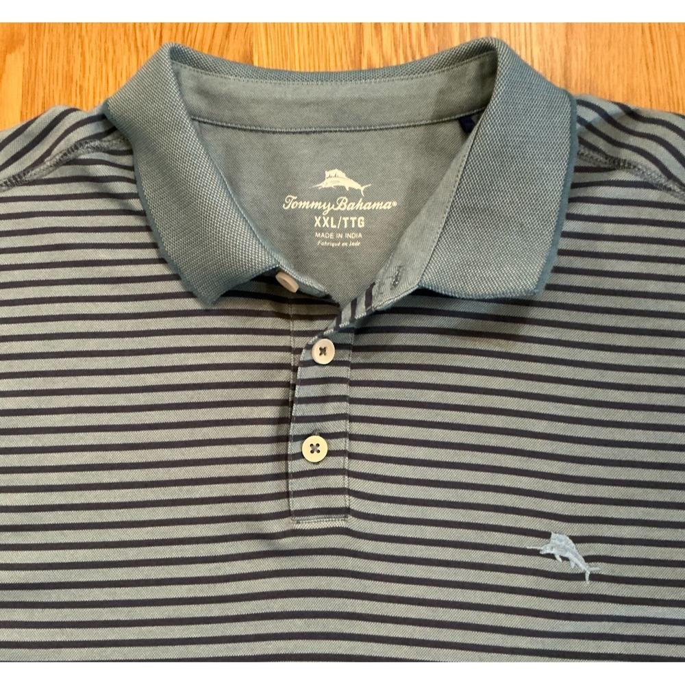Tommy Bahama Men's‎ XXL Blue Striped Polo Shirt Supima Cotton Blend Marlin Logo